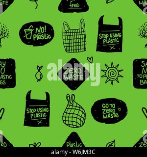 Seamless pattern with eco sign. Vector inscription zero waste, hand drawn mesh bag. Green background Stock Vector