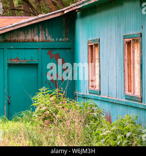 Square Exterior of shed in the forest with damaged roof and peeling green paint on wall Stock Photo