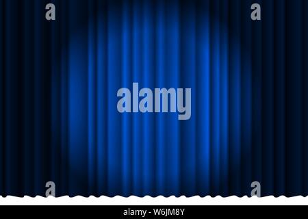 Closed silky luxury blue opera curtain stage background spotlight beam illuminated. Theatrical drapes. Vector gradient eps illustration Stock Vector