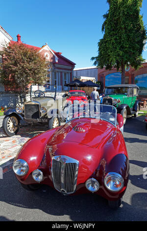 Motueka, Tasman/New Zealand - February 17, 2013: Vintage car show in Motueka High Street in front of the museum. Stock Photo