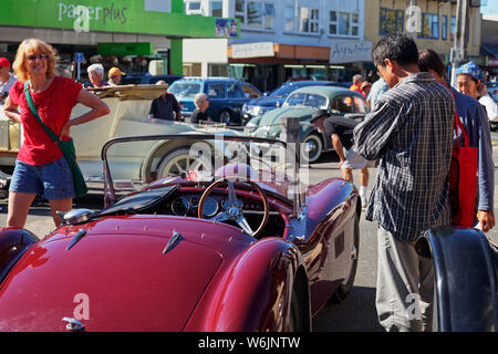 Motueka, Tasman/New Zealand - February 17, 2013: Vintage car show in Motueka High Street in front of the museum. Stock Photo