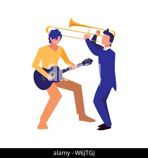 two male musicians playing musical instruments vector illustration Stock Vector