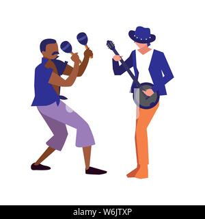 two male musicians playing musical instruments vector illustration Stock Vector