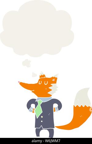 cartoon fox businessman with thought bubble in retro style Stock Vector