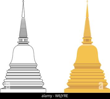 Golden pagoda and outline flat vector with isolated white background.Buddhist building symbol Stock Vector