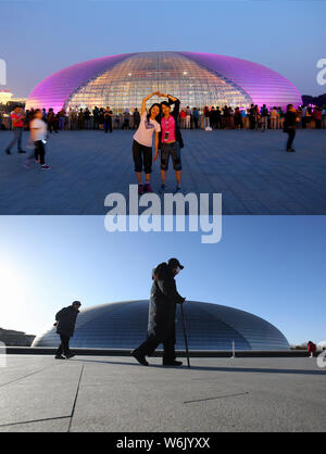 This composite photo shows the National Centre for the Performing Arts (NCPA) in Beijing, China, being overcrowded during the National Day holiday on Stock Photo