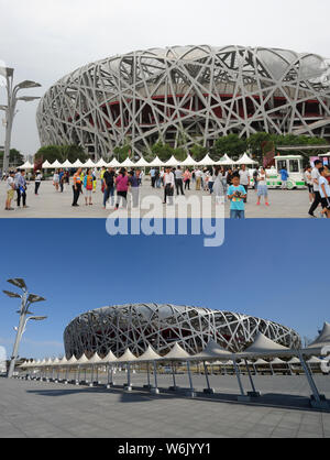 This composite photo shows the Beijing National Stadium, also known as the Bird's Nest, in Beijing, China, being crowded on 29 May 2017 and empty ahea Stock Photo