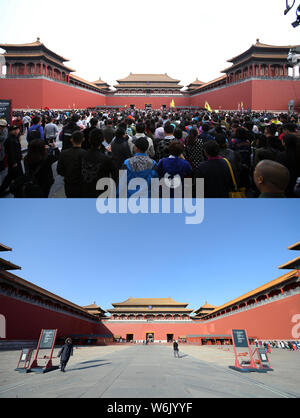 This composite photo shows the Palace Museum, also known as the Forbidden City, in Beijing, China, being overcrowded during the National Day holiday o Stock Photo