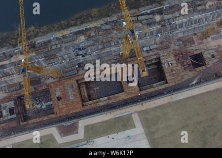 Aerial view of the construction site of a full-scale replica of the Titanic passenger liner in Daying county, Suining city, southwest China's Sichuan Stock Photo