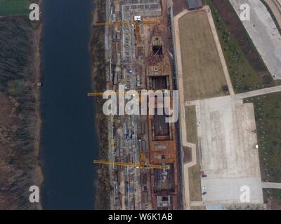 Aerial view of the construction site of a full-scale replica of the Titanic passenger liner in Daying county, Suining city, southwest China's Sichuan Stock Photo