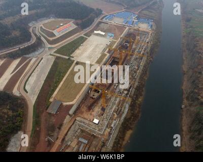 Aerial view of the construction site of a full-scale replica of the Titanic passenger liner in Daying county, Suining city, southwest China's Sichuan Stock Photo