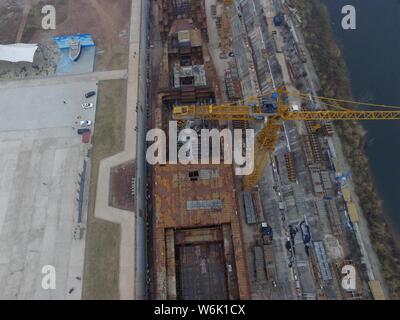 Aerial view of the construction site of a full-scale replica of the Titanic passenger liner in Daying county, Suining city, southwest China's Sichuan Stock Photo