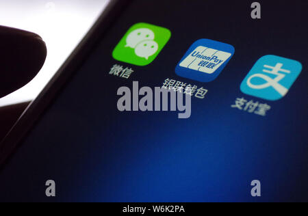 --FILE--A Chinese mobile phone user shows the icons of the mobile apps (from left) messaging app Weixin, or WeChat, of Tencent, mobile wallet UnionPay Stock Photo