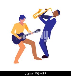 two male musicians playing musical instruments vector illustration Stock Vector