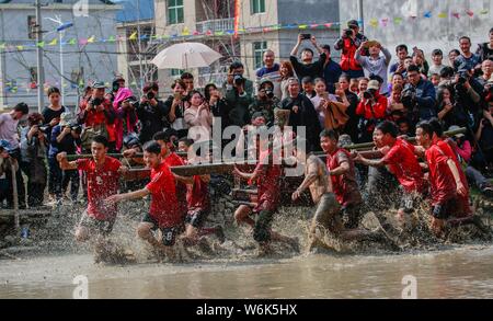 Chinese villagers of the Hakka people carrying a golden statue of ancient Chinese general Guan Gong dash through waterlogged fields during a mud-spatt Stock Photo