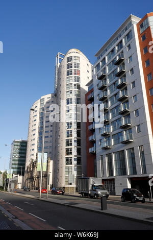Modern apartment development in Cardiff Wales. The Altolusso tower residential flats building Stock Photo