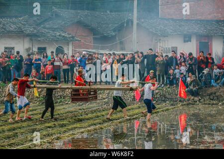 Chinese villagers of the Hakka people carrying a golden statue of ancient Chinese general Guan Gong dash through waterlogged fields during a mud-spatt Stock Photo