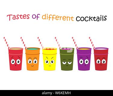 Illustration of a set of cocktails with different flavors. Reaction to different cocktails. Vector illustration Stock Vector