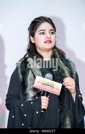 Indian film child actress Zaira Wasim attends a premiere event for the new movie 'Secret Superstar' in Shanghai, China, 17 January 2018. Stock Photo