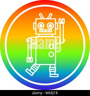 dancing robot circular icon with rainbow gradient finish Stock Vector