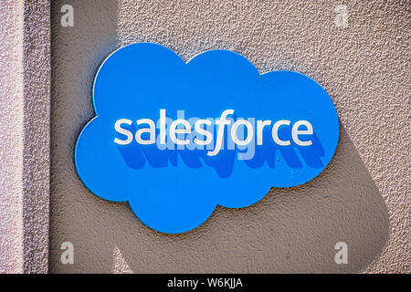 July 26, 2019 Palo Alto / CA / USA - Salesforce at their entrance to their Silicon Valley offices; Salesforce.com, Inc. is an American cloud-based sof Stock Photo