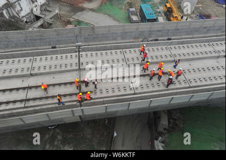 Aerial view of the construction site of the Chengdu-Pujiang section for the Sichuan-Tibet Railway in Chengdu city, southwest China's Sichuan province, Stock Photo