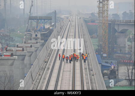 Aerial view of the construction site of the Chengdu-Pujiang section for the Sichuan-Tibet Railway in Chengdu city, southwest China's Sichuan province, Stock Photo