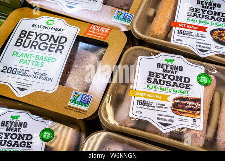 June 25, 2019 Sunnyvale / CA / USA - Beyond Meat Burger and Sausage packages available for purchase in a Safeway store in San Francisco bay area Stock Photo