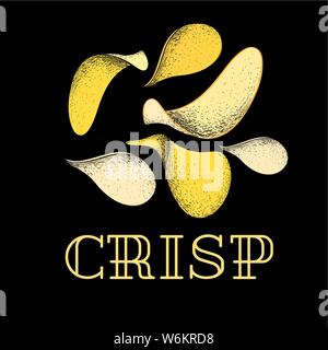 Illustration of delicious vector potato chips on a dark background. Template for dizine menu or advertising chips. Stock Vector