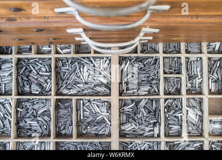 Typing service drawers. Historical printing furniture Stock Photo
