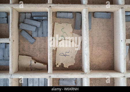 Historical printing furniture. Lettering and typing service drawer Stock Photo
