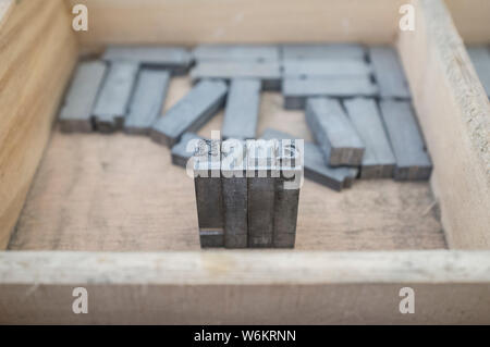 Historical printing furniture. Lettering and typing service drawer Stock Photo