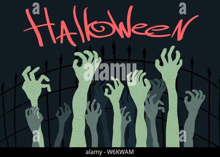 halloween zombies hand in a graveyard Vector cartoon illustration Stock Vector