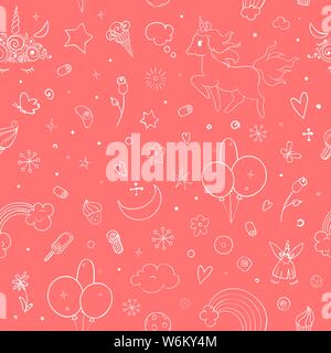 Cute vector unicorns and rainbow seamless pattern - hand drawn kawaii style illustration with imaginary horse from children fairytale. Ink sketch with Stock Vector