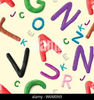 Seamless pattern with alphabet. Handmade modeling clay letters. Realistic 3d vector lettering background. Stock Vector
