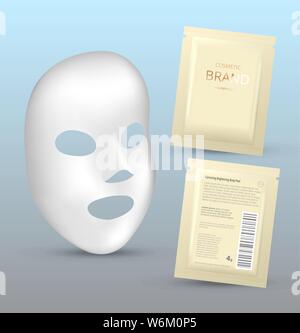 Plastic packaging with sheet mask. Blank foil or plastic sachet for food or medicines. Design template for cosmetic concept. Stock Vector