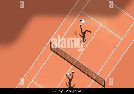 Top view of clay court tennis match. Vector illustration. Stock Vector