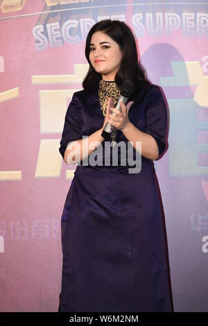 Indian film child actress Zaira Wasim attends a premiere event for the new movie 'Secret Superstar' in Beijing , China, 16 January 2018. Stock Photo