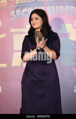 Indian film child actress Zaira Wasim attends a premiere event for the new movie 'Secret Superstar' in Beijing , China, 16 January 2018. Stock Photo