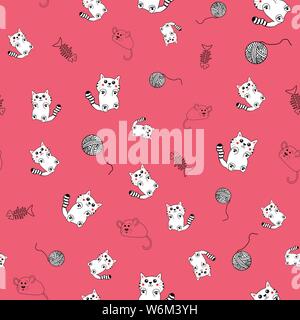 Cute hand drawn pattern background with kittens , fish bones, mice and yarn balls. Stock Vector