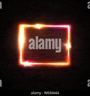 Red and yellow neon glowing frame on black brick. Stock Vector