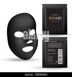 Realistic charcoal Black mask. Cosmetic plastic sachets. Design template. 3d realistic vector illustration. Stock Vector