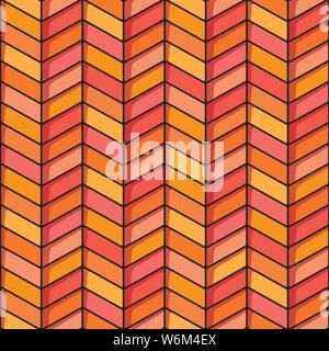 Herringbone seamless background in orange, yellow and pink tones. Soft cornered repeating pattern with black background in warm tones. EPS10 vector fo Stock Vector