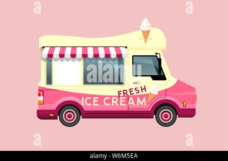 Classic summer ice cream van in cream and pink colours. Side view vector illustration. Stock Vector