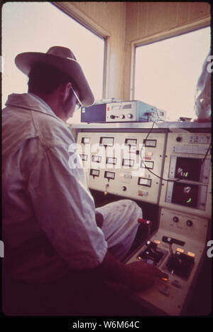 TECHNICIAN WORKS AT THE DATA CONTROL CENTER FOR THE LIMTV (LINEAR INDUCTION MOTOR TEST VEHICLE). THE DEPARTMENT OF TRANSPORTATION'S HIGH SPEED GROUND TEST CENTER IS THE SITE FOR EXPERIMENTAL WORK ON NEW METHODS OF HIGH SPEED GROUND TRANSPORTATION Stock Photo