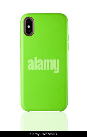 Green phone leather case on white isolated background, classic design accessories. Stock Photo
