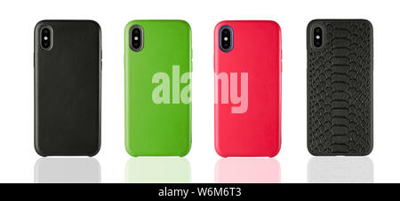 Four Black and Red, Green phone leather cases on white isolated background, classic design accessories. Stock Photo