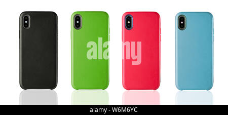 Four Black and Red, Green, Blue phone leather cases on white isolated background, classic design accessories. Stock Photo