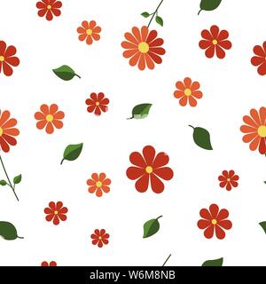 Vector seamless pattern with red orange flowers and green leaves isolated on white background. Endless texture. Wrapping paper, fabric, covers Stock Vector