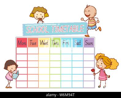 School time table with children illustration Stock Vector